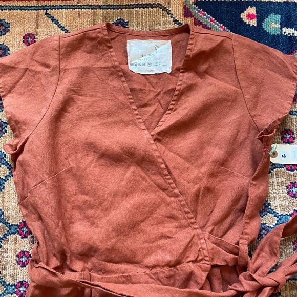 Not Perfect Linen Terracotta Wrap Jumpsuit Short Sleeve One Piece Jumper - Picture 3 of 5